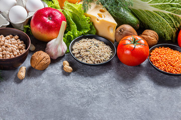 Dietary balance picture with fruits, vegetables and seeds