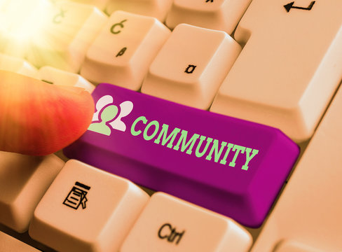 Writing note showing Community. Business concept for specific population with a common characteristics living together