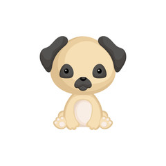 Cute funny sitting puppy pug isolated on white background. Pet adorable animal character for design of album, scrapbook, card and invitation. Flat cartoon colorful vector illustration.