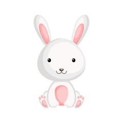 Cute funny sitting baby rabbit isolated on white background. Woddland adorable animal character for design of album, scrapbook, card and invitation. Flat cartoon colorful vector illustration.