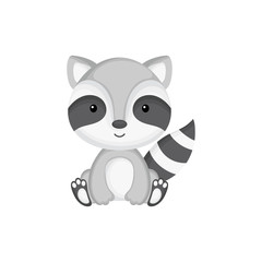 Cute funny sitting baby raccoon isolated on white background. Woodland adorable animal character for design of album, scrapbook, card and invitation. Flat cartoon colorful vector illustration.