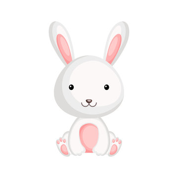 Cute funny sitting baby rabbit isolated on white background. Woddland adorable animal character for design of album, scrapbook, card and invitation. Flat cartoon colorful vector illustration.