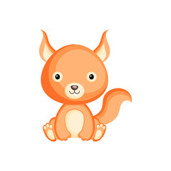 Cute funny sitting baby squirrel isolated on white background. Woodland adorable animal character for design of album, scrapbook, card and invitation. Flat cartoon colorful vector illustration.