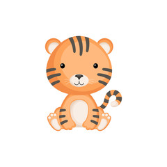 Cute funny sitting baby tiger isolated on white background. Jungle adorable animal character for design of album, scrapbook, card and invitation. Flat cartoon colorful vector illustration.
