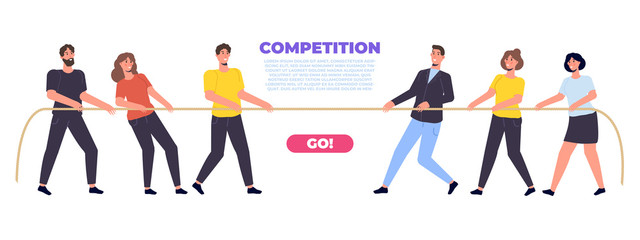 Tug war banner. Business team success. Female business. White background. Vector illustration.