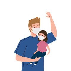 father and daughter wearing protective medical mask for prevent virus covid 19 vector illustration design