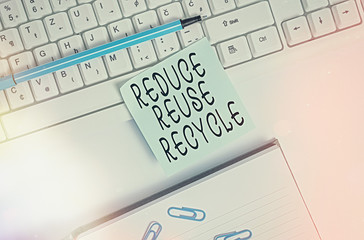 Writing note showing Reduce Reuse Recycle. Business concept for environmentallyresponsible consumer behavior Flat lay above blank copy space sticky notes with business concept