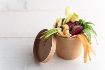 compost concept, vegetable peels, peel in a cardboard biodegradable container on white background