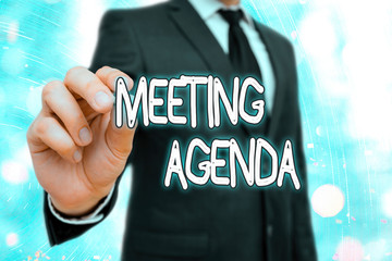 Word writing text Meeting Agenda. Business photo showcasing items that participants hope to...
