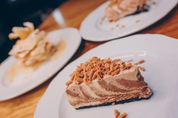 Eat sweet dessert cuisine food in cafe menu.Pastry products close up.Delicious menu item in restaurant.Enjoy fresh Layered cake vanilla custard served fruit slices  exotic cream pie Diet.
