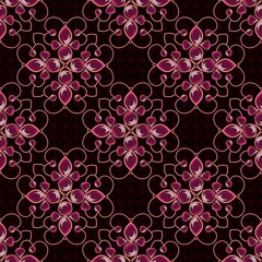 Seamless 3D illustration with precious stones with decorative elements.Regular pattern with glass elements. Luxury texture.