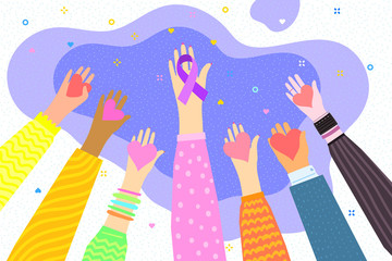 Concept of healthcare, charity, people and social problems. Hands with purple violet domestic violence awareness ribbon and hearts.