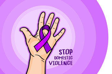 Fototapeta premium Concept of healthcare, charity, people and social problems. Hands with purple violet domestic violence awareness ribbon and hearts.