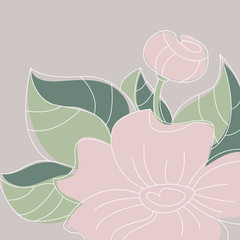 Vector floral pastel background. Delicate blooming flowers with leaves.