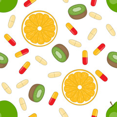 Seamless pattern fruits and vitamins capsules orange apple kiwi vector illustration. Proper nutrition and health