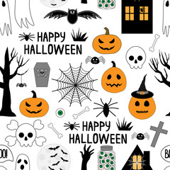 Seamless pattern happy halloween, pumpkin, bat, spider, cross, skull, ghost vector illustration