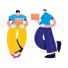 messenger and woman with masks, gloves and packages