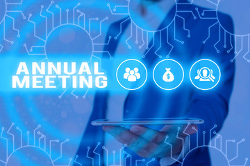 Text sign showing Annual Meeting. Business photo showcasing yearly meeting of the general membership of an organization
