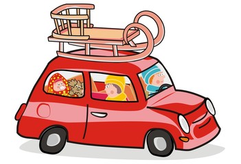 red car and sledge, family at the car, vector illustration