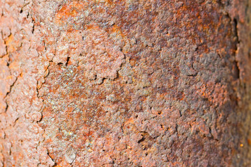 Rusty metal plate front view with rust flakes that are breaking away