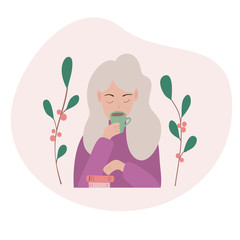 Woman with tea cup drinking tea or coffee. Relaxing with books.Scandinavian style. Colored vector illustration in flat cartoon style.Flat Vector Illustration. Female Character.