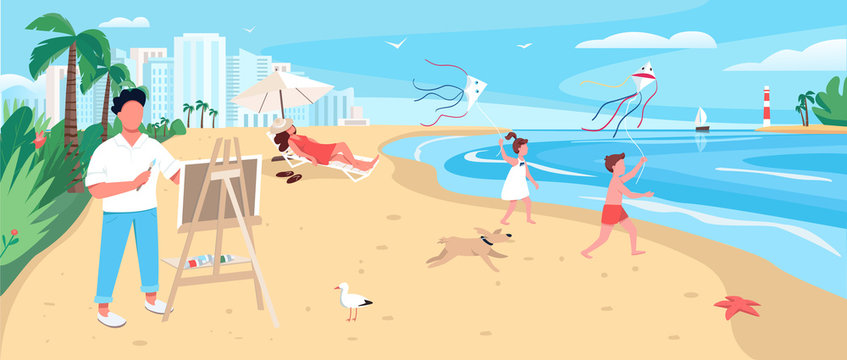 Artist painting at exotic sandy beach flat color vector illustration. Outdoor art class. Summertime leisure. People sunbathing 2D cartoon character with ocean and resort town skyscrapers on background