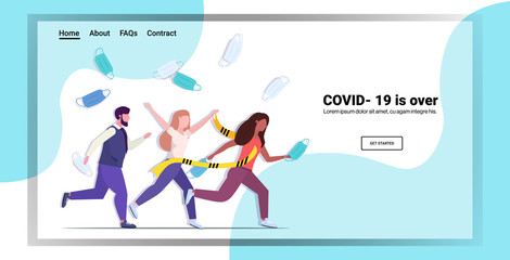 mix race people throwing face masks running along yellow tape coronavirus pandemic quarantine ending covid-19 is over concept horizontal copy space full length vector illustration