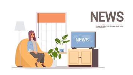 woman watching TV daily news program on television girl sitting on armchair modern living room interior full length horizontal copy space vector illustration