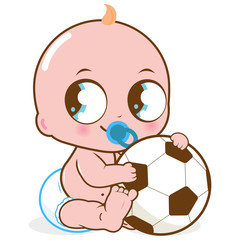 A cute baby boy holding a soccer ball. Vector Illustration 