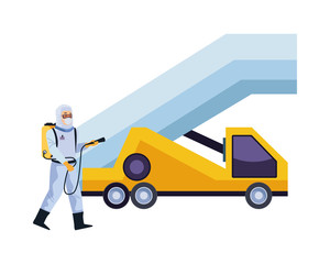 biosafety worker with sprayer portable and car stairs