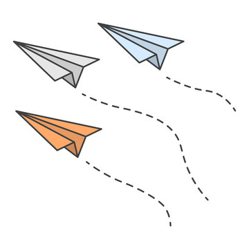 Image of three paper planes flying in the same direction with the trajectory of their movement. Cartoon colorful performance. Isolated vector on a white background.