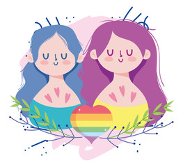 Girls cartoons with lgtbi heart and leaves vector design