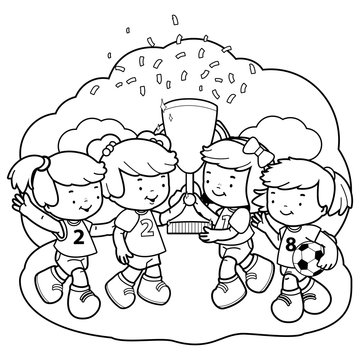 Little girls soccer players holding a trophy. Vector black and white coloring page