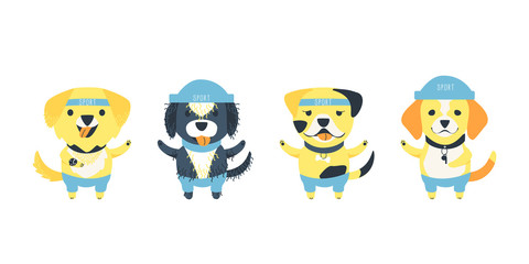 Set of cute dogs of different breeds. Funny cartoon character. Dogs with accessories for sport. Watches, sports hats, a whistle are sports items. Flat cartoon vector illustration.
