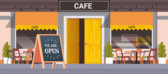 street cafe facade with we are open board urban building house exterior coronavirus quarantine is over horizontal vector illustration