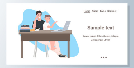 father with son sitting at workplace using laptop spending time together during coronavirus pandemic quarantine stay home concept isolated full length horizontal copy space vector illustration