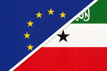 European Union or EU and Somaliland national flag from textile. Symbol of the Council of Europe association.