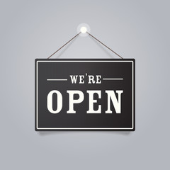 we are open door advertising sign store opening concept label with text flat vector illustration