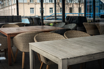 Modern and simple cafe interior with wooden classical furniture.