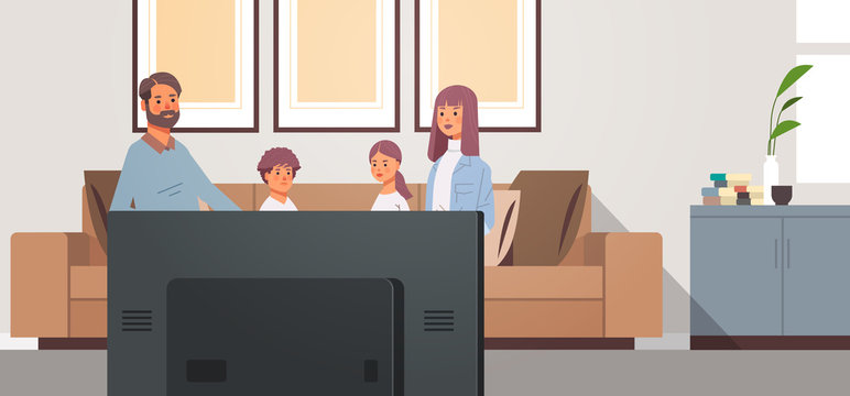 family watching TV daily news program parents with children sitting on couch modern living room interior horizontal vector illustration