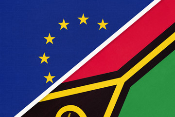 European Union or EU and Vanuatu national flag from textile. Symbol of the Council of Europe association.