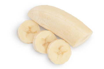 peeled banana isolated on white background with clipping path and full depth of field. Top view. Flat lay.