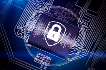 graphic symbol of a lock on a computer circuit board - computer security system. Cyber security...