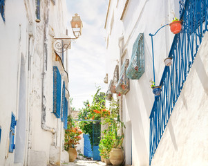 Street with white and blue houses under bright sun