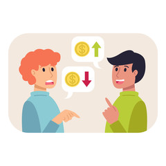 Positive and negative dynamics in the economy. The problem of increasing and decreasing earnings. Currency price dynamics. Flat style vector business finance concept. Exchange rates jumps.