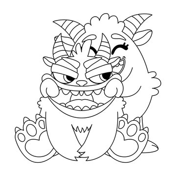 Cute monsters pulls a smile. Doodle vector illustration for coloring book. Outline black and white picture for children.