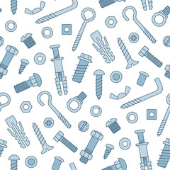 Seamless pattern of fasteners. Bolts, screws, nuts, dowels and rivets in doodle style. Hand drawn building material. Color vector illustration on white background