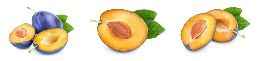 fresh blue plum with leaves isolated on white background. Set or collection