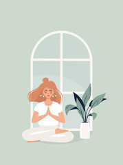 Fototapeta na wymiar Vector blonde woman sitting in lotus position at home by the window and potted plant