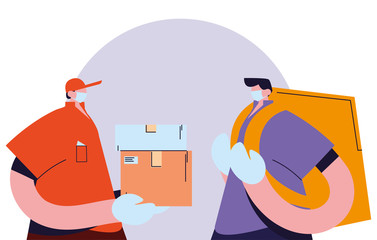 male couriers wearing face masks, gloves delivering packages